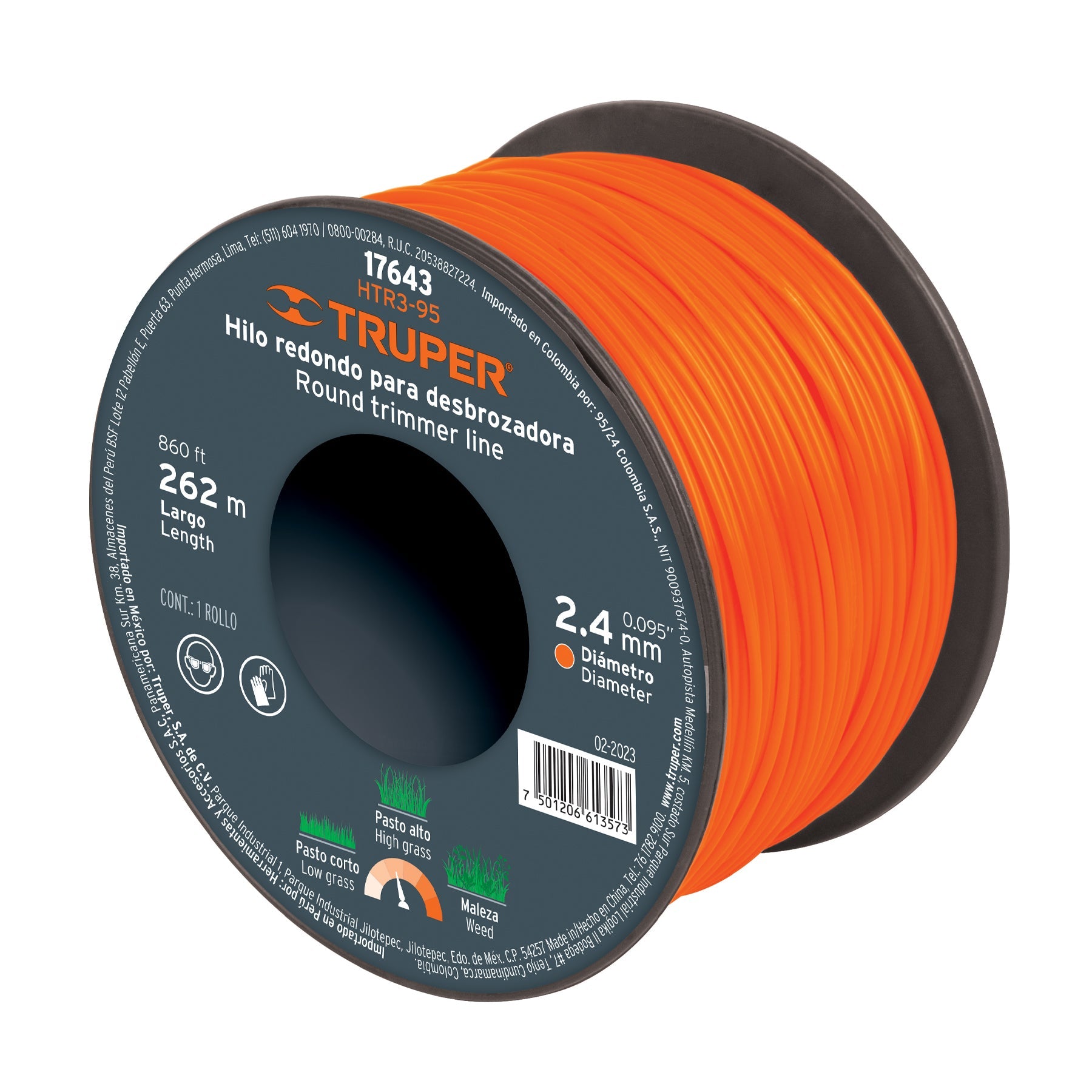 Hilo redondo, para desbrozadora, 2.4mm x 262m,carrete,TRUPER