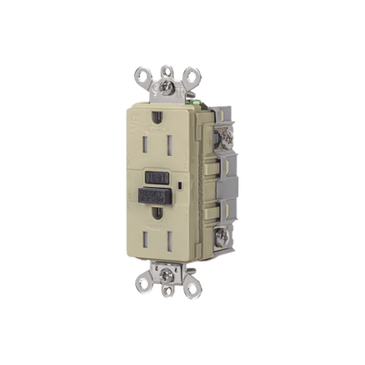 HUBBELL - Contacto de Auto-verificación GFCI de 15 A 125 V 2 Polos/  Resistente a Manipulaciones y Intemperie / Color Marfil / Nema 5-15R / Grado Industrial.