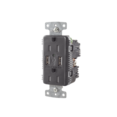 HUBBELL - Contacto Dúplex con 2 Puertos USB, 15A 125V, 2 Polos, 3 Hilos, Color Negro.