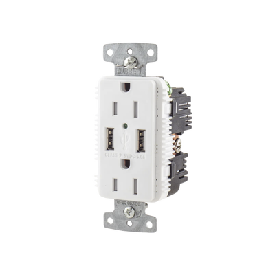 HUBBELL - Contacto Dúplex con 2 Puertos USB, 15A 125V, 2 Polos, 3 Hilos, Color Blanco.