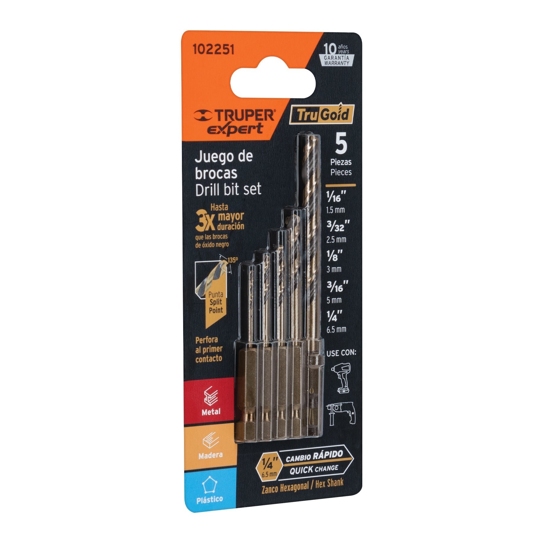 Juego de 5 brocas HSS para metal zanco cambio rapido, Expert