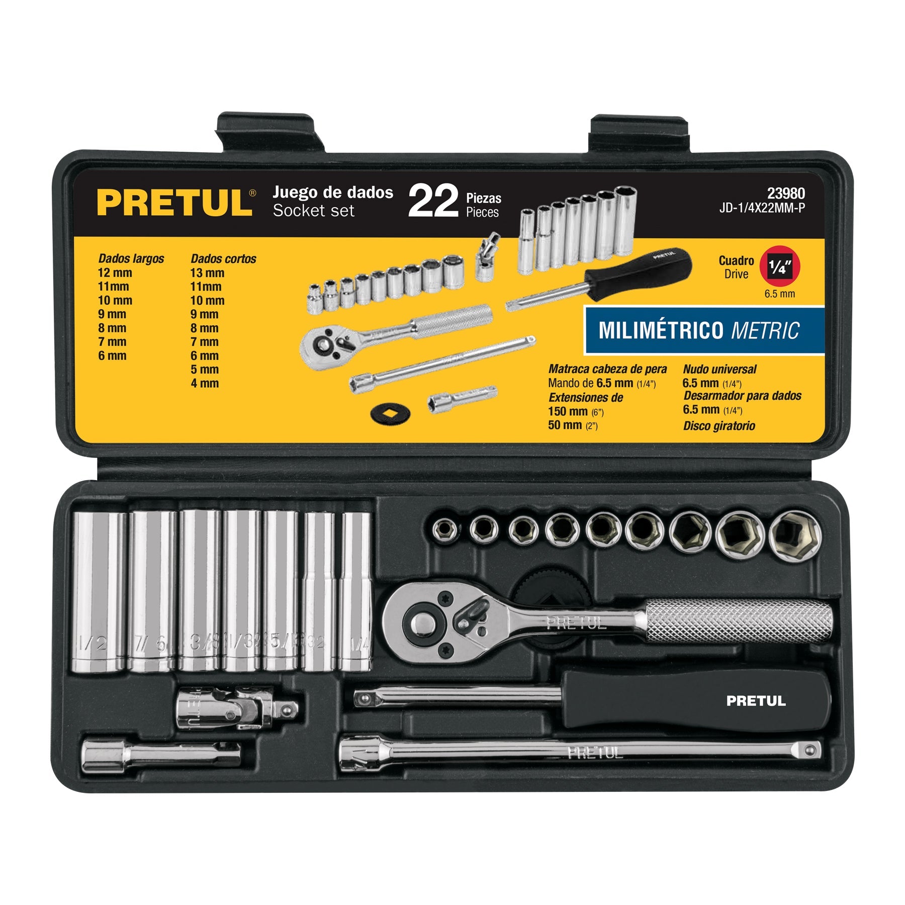 Juego de 22 herramientas 1/4' mm para mecanico, Pretul