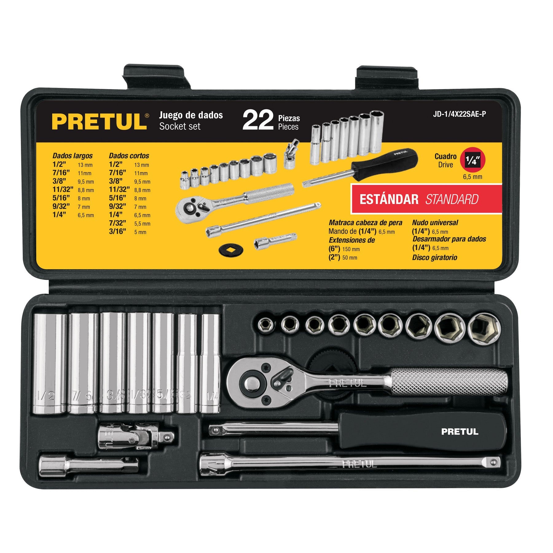 Juego de 22 herramientas 1/4' std para mecanico, Pretul