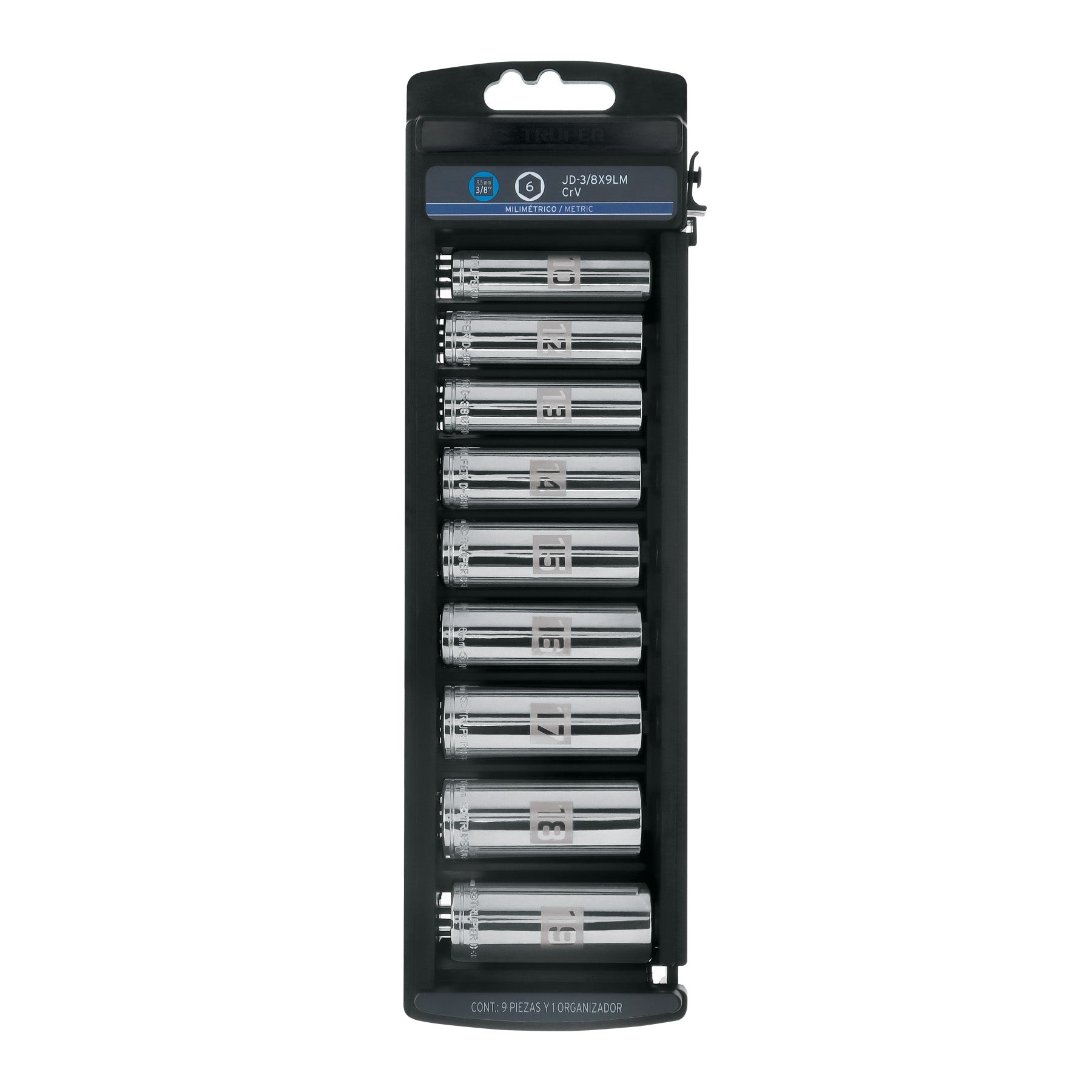 Juego de 9 dados largos cuadro 3/8' mm, Truper