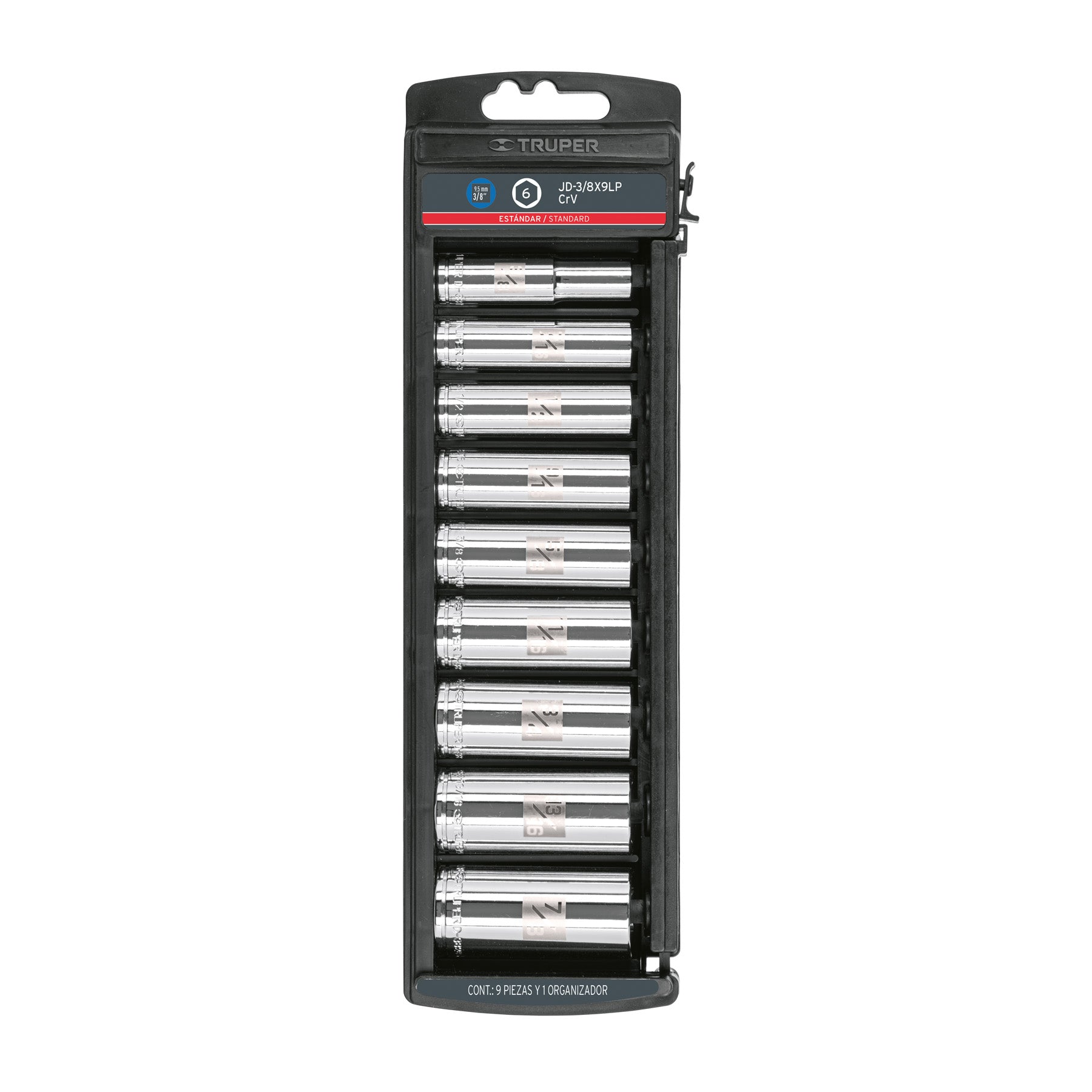 Juego de 9 dados largos cuadro 3/8' std, Truper