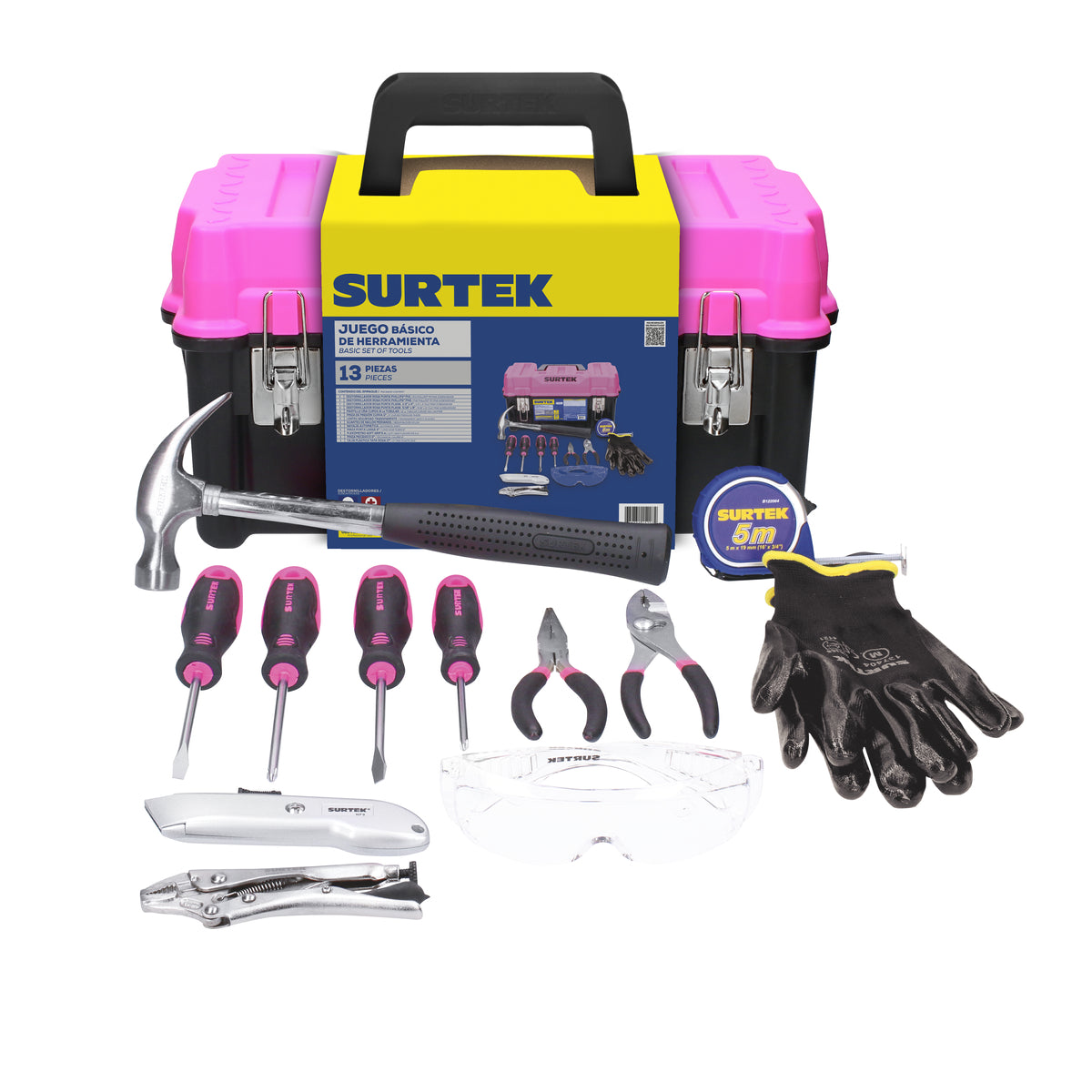 Surtek - Juego de herramientas básicas con caja plástica rosa 13 piezas