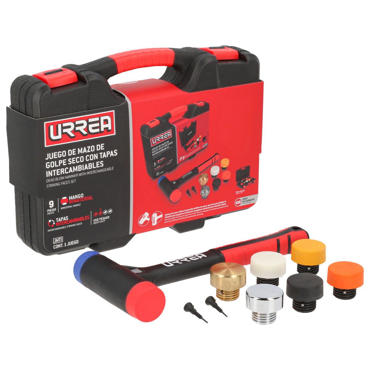 Urrea - Juego de mazo de golpe seco con mango Rubber grip tapas intercambiables 16 oz, 9 piezas