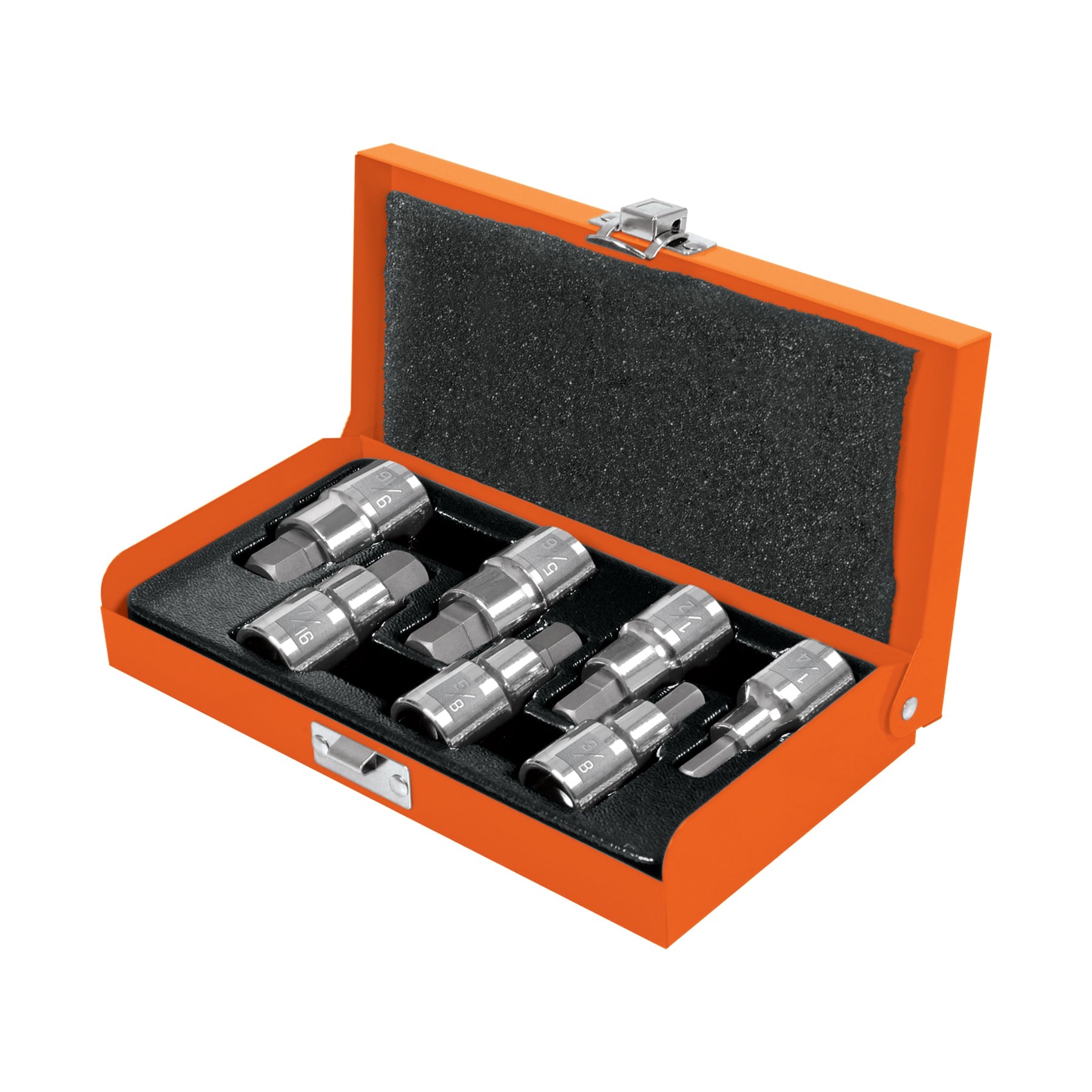 Juego de 7 dados cuadro 1/2' punta hex std, estuche metalico