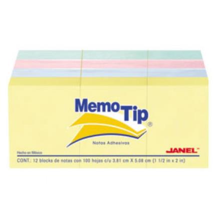 JANEL - Notas Adhesivas Janel Memo Tip Pastel 1.5"x2" 4 Colores Paquete C/12
