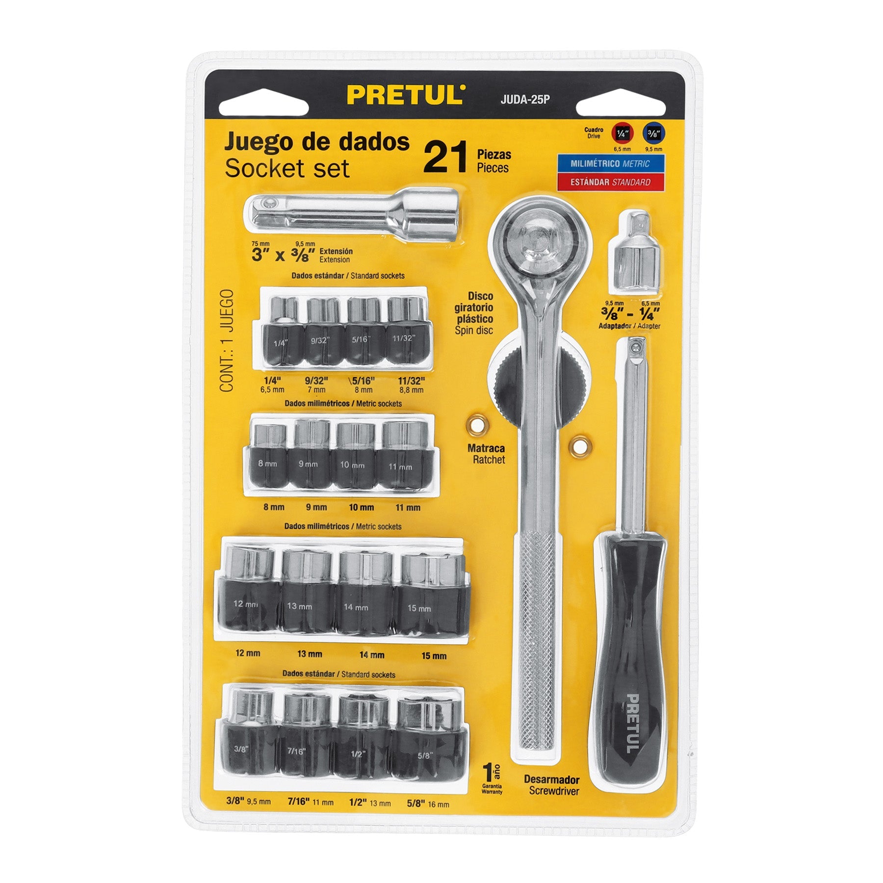 Juego de 21 herramientas 1/4' y 3/8' para mecanico, Pretul