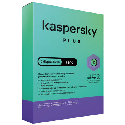 KASPERSKY - Licencia Antivirus Kaspersky Plus 1 Año 3 Dispositivos