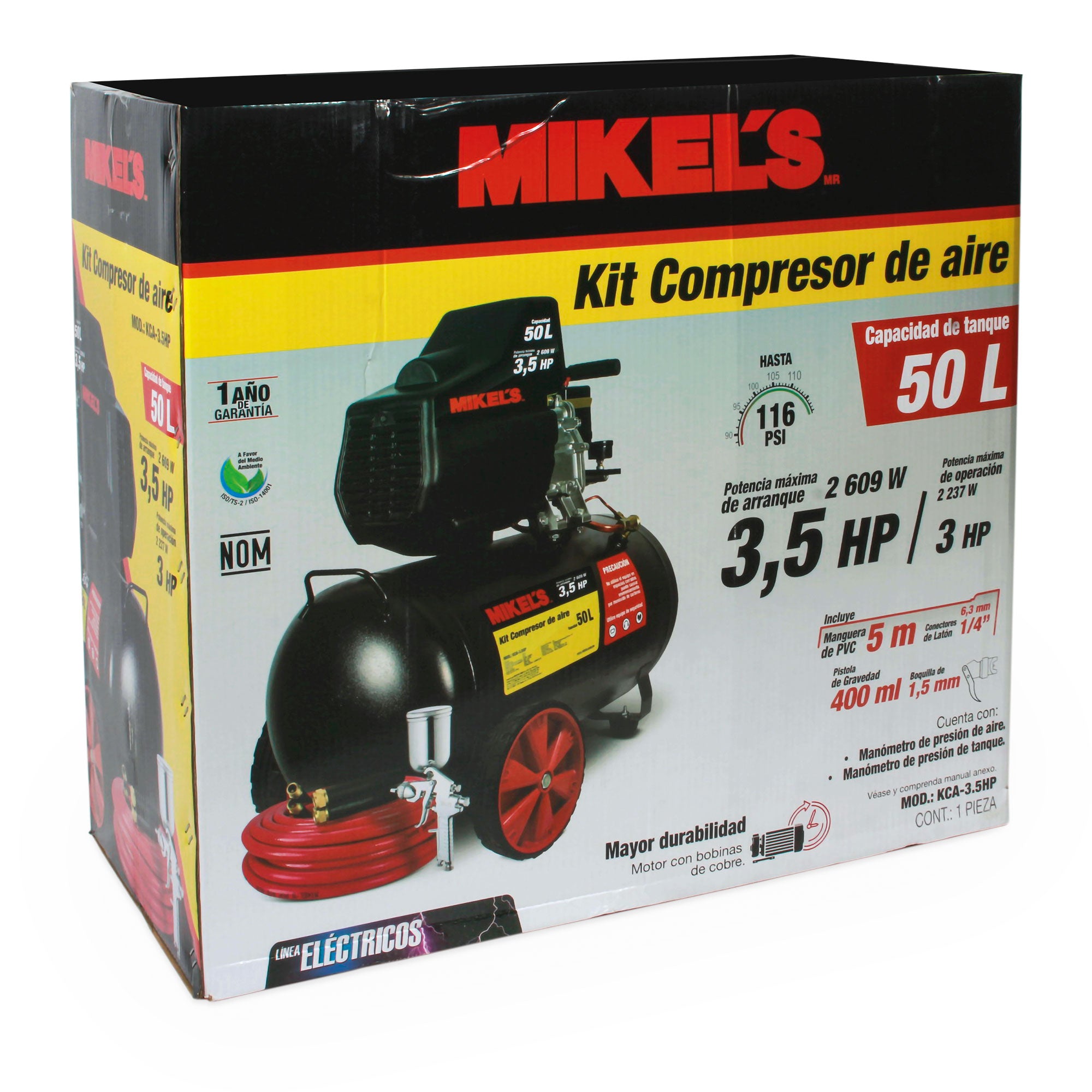Compresor de aire 3.5 HP con kit neumático (50 lts)
