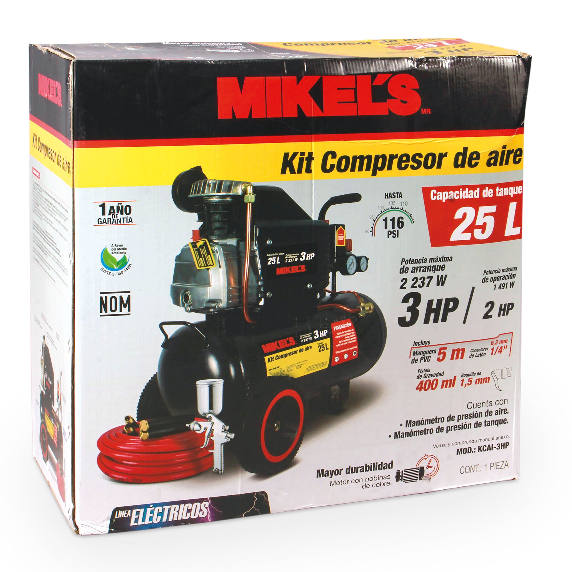 Compresor de aire 3 HP con kit neumático (25 lts)