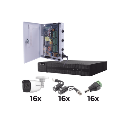 EPCOM PROFESSIONAL - KIT TurboHD 1080p / DVR 16 Canales / 16 Cámaras Bala Policarbonato con Microfono (exterior 2.8 mm) / Transceptores / Conectores / Fuente de Poder Profesional