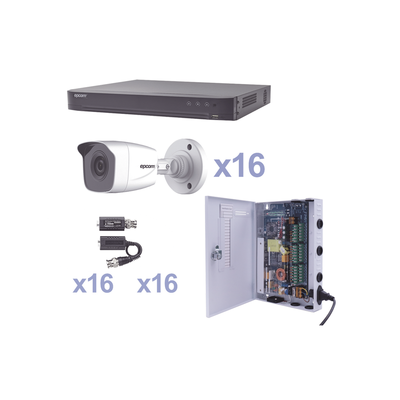 EPCOM PROFESSIONAL - KIT TurboHD 1080p / DVR 16 Canales / 16 Cámaras Bala (exterior 2.8 mm) / Transceptores / Conectores / Fuente de Poder Profesional