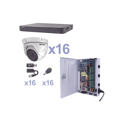 EPCOM PROFESSIONAL - KIT TurboHD 1080p / DVR 16 Canales / 16 Cámaras Eyeball (exterior 2.8 mm) / Transceptores / Conectores / Fuente de Poder Profesional