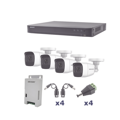 EPCOM PROFESSIONAL - KIT TurboHD 1080p / DVR 4 Canales / 4 Cámaras Bala Policarbonato con Audio Integrado (exterior 2.8 mm) / Transceptores / Conectores / Fuente de Poder Profesional