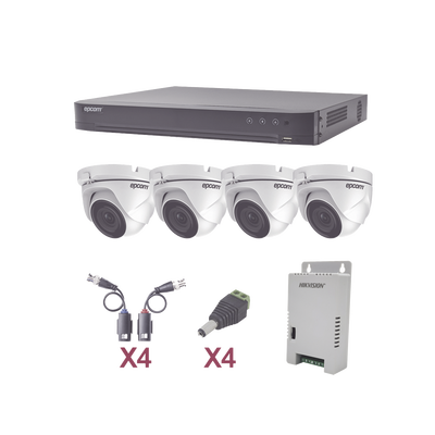 EPCOM PROFESSIONAL - KIT TurboHD 1080p / DVR 4 Canales / 4 Cámaras Eyeball (exterior 2.8 mm) / Transceptores / Conectores / Fuente de Poder Profesional