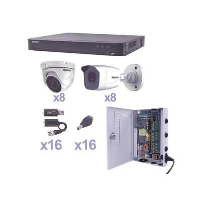 EPCOM PROFESSIONAL - KIT TurboHD 1080p / DVR 16 Canales / 8 Cámaras Bala (exterior 2.8 mm) / 8 Cámaras Eyeball (exterior 2.8 mm) / Transceptores / Conectores / Fuente de Poder Profesional
