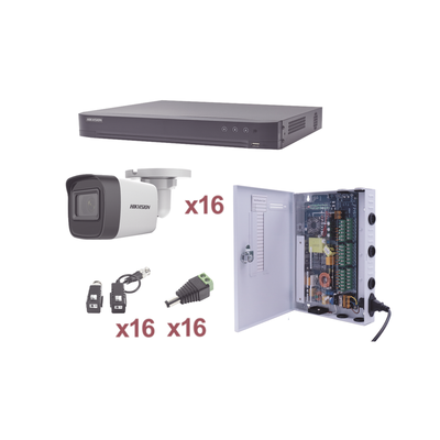 HIKVISION - KIT TurboHD 1080p / DVR 16 Canales / 16 Cámaras Bala (exterior 2.8 mm) / Transceptores / Conectores / Fuente de Poder Profesional