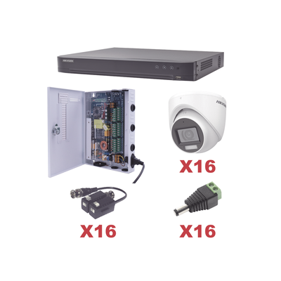 HIKVISION - KIT TurboHD 1080p / DVR 16 Canales / 16 Cámaras Turret con Audio Integrado (Exterior 2.8 mm) / Transceptores / Conectores / Fuente de Poder Profesional