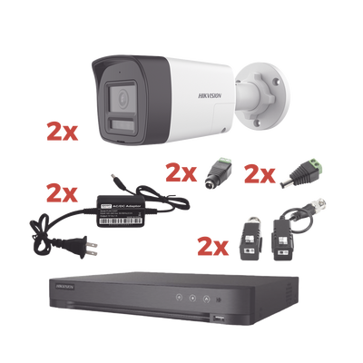 HIKVISION - Kit Audio Bidireccional TurboHD 1080p / DVR 4 Canales / 2 Cámaras Bala (Exterior) con Bocina y Microfóno Integrado / 2 Fuentes de Poder / Accesorios