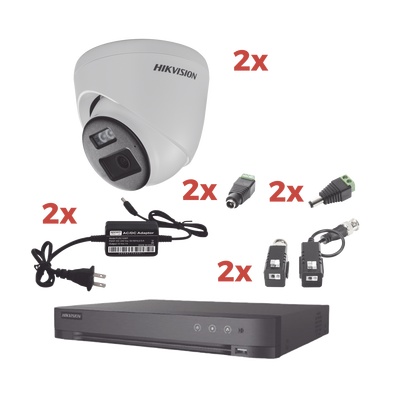 HIKVISION - Kit Audio Bidireccional TurboHD 1080p / DVR 4 Canales / 2 Cámaras Eyeball (Exterior) con Bocina y Microfóno Integrado / 2 Fuentes de Poder / Accesorios