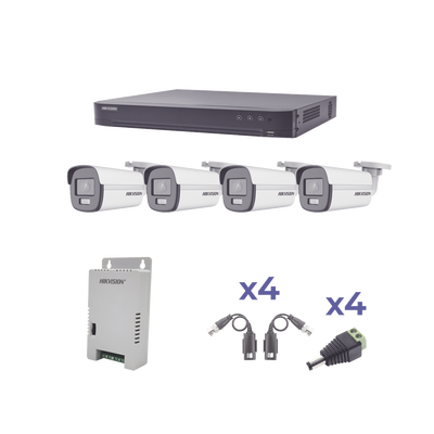 HIKVISION - KIT COLORVU TURBOHD 1080p / DVR 4 Canales / 4 Cámaras Bala (exterior) lente 2.8mm / Fuente de poder profesional / Transceptores de video y Accesorios de corriente