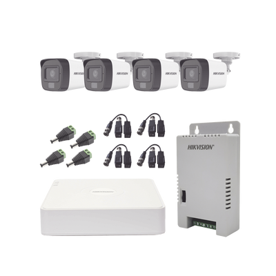 HIKVISION - Kit TURBOHD 1080p / DVR 4 Canales / 4 Cámaras con Micrófono Integrado y 101° Visión / Luz Blanca + IR Visión Nocturna / Transceptores / Conectores / Fuente de Poder Profesional Compacta
