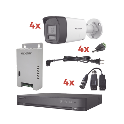 HIKVISION - Kit Audio Bidireccional TurboHD 1080p / DVR 4 Canales / 4 Cámaras Bala (Exterior) con Bocina y Microfóno Integrado / 1 Fuente de Poder / Accesorios