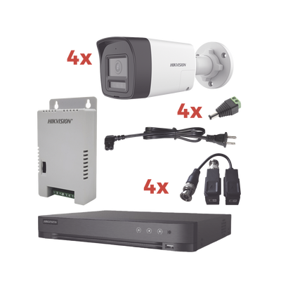 HIKVISION - Kit Audio Bidireccional TurboHD 1080p / DVR 4 Canales / 4 Cámaras Bala (Exterior) con Bocina y Microfóno Integrado / 1 Fuente de Poder / Accesorios