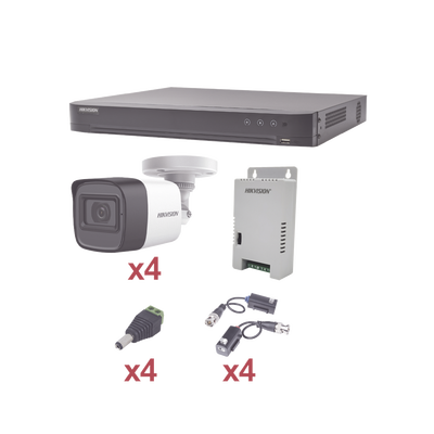 HIKVISION - KIT TurboHD 1080p / DVR 4 Canales / 4 Cámaras Bala (exterior 2.8 mm) / Transceptores / Conectores / Fuente de Poder Profesional