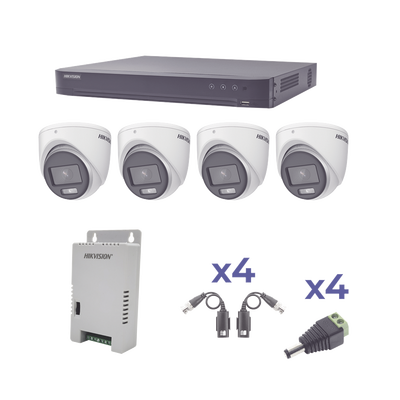 HIKVISION - KIT COLORVU TURBOHD 1080p / DVR 4 Canales / 4 Cámaras eyeball (exterior) lente 2.8mm / Fuente de poder profesional / Transceptores de video y Accesorios de corriente
