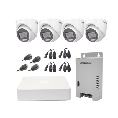 HIKVISION - KIT TurboHD 1080p / DVR 4 Canales con audio por coaxitron / 4 Cámaras con Micrófono y  106° Visión/  luz blanca + IR visión nocturna  / Transceptores / Conectores / Fuente de Poder Profesional