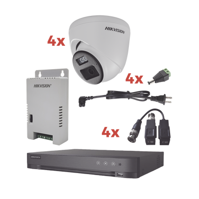 HIKVISION - Kit Audio Bidireccional TurboHD 1080p / DVR 4 Canales / 4 Cámaras Eyeball (Exterior) con Bocina y Microfóno Integrado / 1 Fuente de Poder / Accesorios