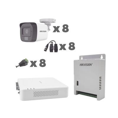 HIKVISION - KIT TurboHD 1080p / DVR 8 Canales con audio por coaxitron / 8 Cámaras con Micrófono Integrado 101° Visión/  luz blanca + IR visión nocturna  / Transceptores / Conectores / Fuente de Poder Profesional
