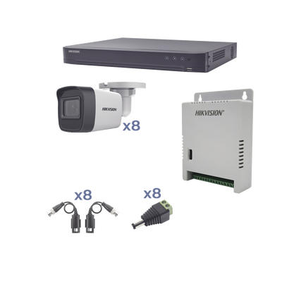 HIKVISION - KIT TurboHD 1080p / DVR 8 Canales / 8 Cámaras Bala (exterior 2.8 mm) / Transceptores / Conectores / Fuente de Poder Profesional hasta 15 Vcc para Larga Distancia