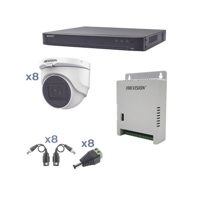 HIKVISION - Kit TURBOHD 1080p / DVR 8 Canales / 8 Cámaras Turret (exterior 2.8 mm) / Conectores / Transceptores / Fuente de Poder Profesional hasta 15 Vcc para Larga Distancia
