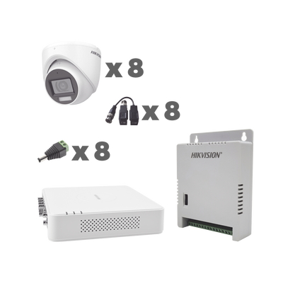 HIKVISION - KIT TurboHD 1080p / DVR 8 Canales con audio por coaxitron / 8 Cámaras con Micrófono Integrado 101° Visión/  luz blanca + IR visión nocturna  / Transceptores / Conectores / Fuente de Poder Profesional