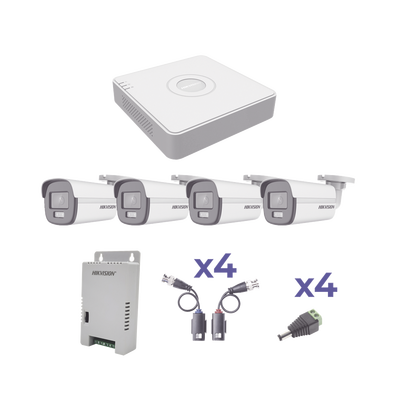HIKVISION - KIT COLORVU TURBOHD 1080p Lite / DVR 4 Canales / 4 Cámaras Bala (exterior 2.8 mm) / Transceptores / Conectores / Fuente de Poder Profesional