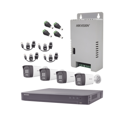 HIKVISION - Kit Audio Bidireccional TurboHD 4K-3K / DVR 4 Canales 4K / 4 Cámaras Bala (Exterior) con Bocina y Microfóno Integrado 3K / 1 Fuentes de Poder / Accesorios