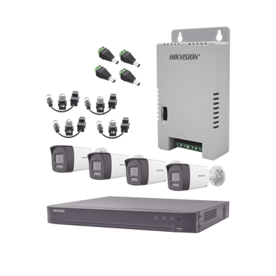 HIKVISION - Kit Audio Bidireccional TurboHD 4K-3K / DVR 4 Canales 4K / 4 Cámaras Bala (Exterior) con Bocina y Microfóno Integrado 3K / 1 Fuentes de Poder / Accesorios