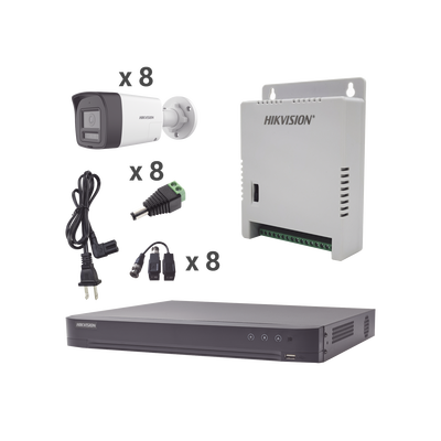 HIKVISION - Kit Audio Bidireccional TurboHD 4K-3K / DVR 8 Canales 4K / 8 Cámaras Bala (Exterior) con Bocina y Microfóno Integrado 3K / 1 Fuentes de Poder / Accesorios