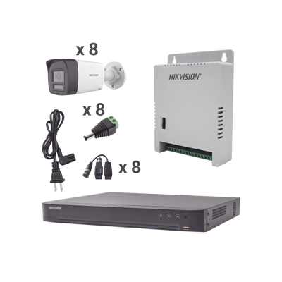 HIKVISION - Kit Audio Bidireccional TurboHD 4K-3K / DVR 8 Canales 4K / 8 Cámaras Bala (Exterior) con Bocina y Microfóno Integrado 3K / 1 Fuentes de Poder / Accesorios