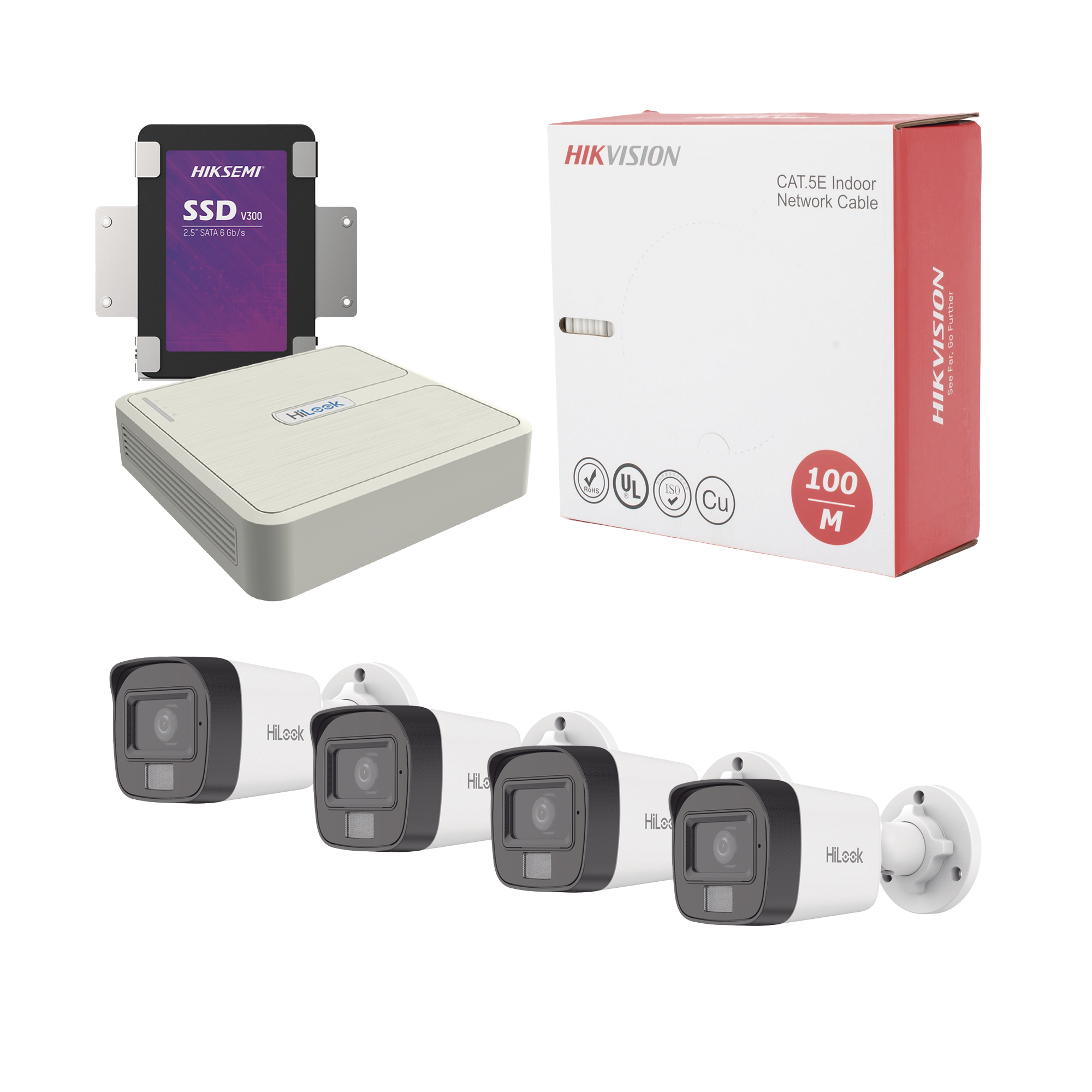 HILOOK BY HIKVISION - Kit IP 4 Megapixel / NVR de 4 Canales / 4 Cámaras IP Dual light y Microfono Integrado / Bobina de Cable de 100 mts / Disco Duro 1 TB
