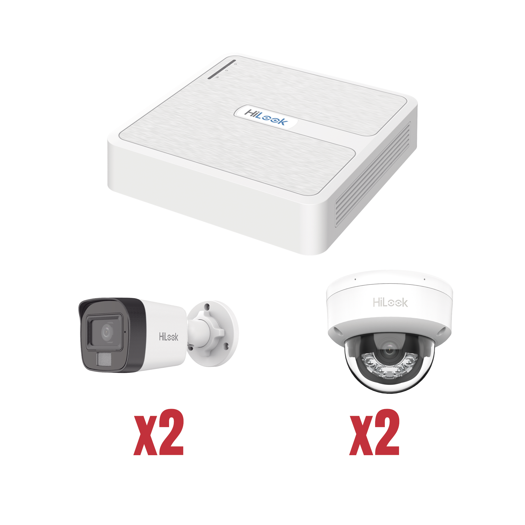 HILOOK BY HIKVISION - Kit IP 1080p (2 Megapixel) / NVR de 4 Canales con 4 Puertos PoE / 2 Cámaras IP Bala para Exterior con microfono y Dual light / 2 Cámaras IP Domo para Exterior