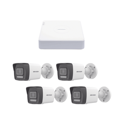 HIKVISION - Kit IP 1080p (2 Megapixel) / NVR de 4 Canales con 4 Puertos PoE / 4 Cámaras IP Bala ColorVu Lite y ACUSENSE Lite / Micrófono Integrado