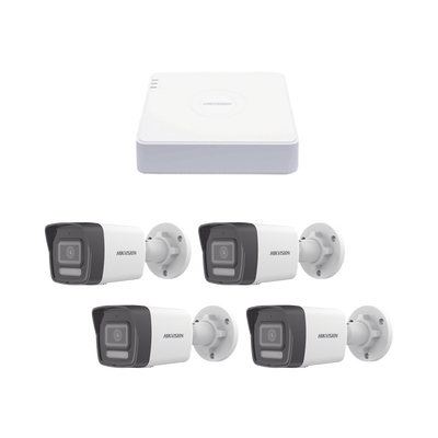 HIKVISION - Kit IP 1080p (2 Megapixel) / NVR de 4 Canales con 4 Puertos PoE / 4 Cámaras IP Bala ColorVu Lite y ACUSENSE Lite / Micrófono Integrado