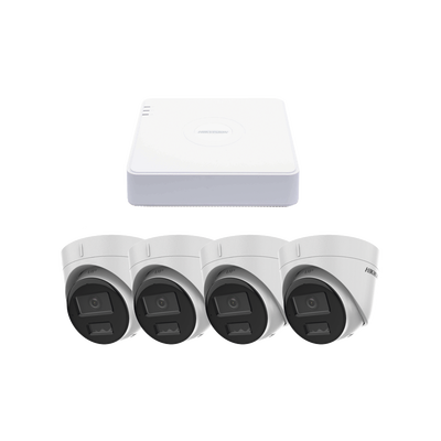 HIKVISION - Kit IP 1080p (2 Megapixel) / NVR de 4 Canales con 4 Puertos PoE / 4 Cámaras IP Turret con Micrófono Integrado / ColorVu y ACUSENSE Lite