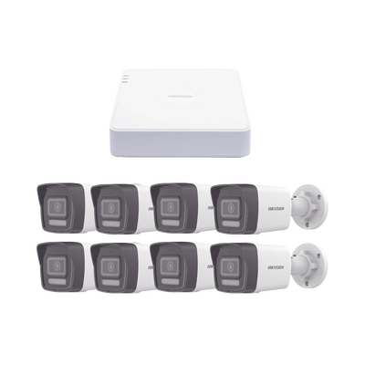 HIKVISION - Kit IP 1080p (2 Megapixel) / NVR de 8 Canales con 8 Puertos PoE / 8 Cámaras IP Bala ColorVu Lite y ACUSENSE Lite / Micrófono Integrado